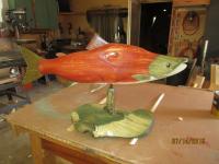 Hand carved Coho salmon weathervane with stand.